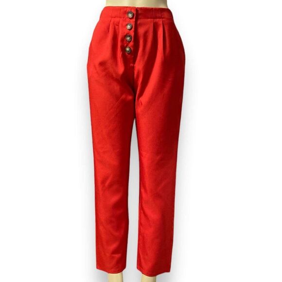 Red Button Down Lightweight Cotton Tapered Crop Trouser Pants - NEW - Picture 1 of 3